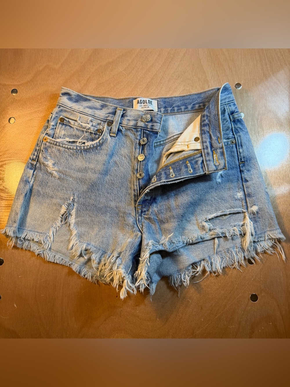 Agolde Light Wash Distressed High-Rise Denim Shorts